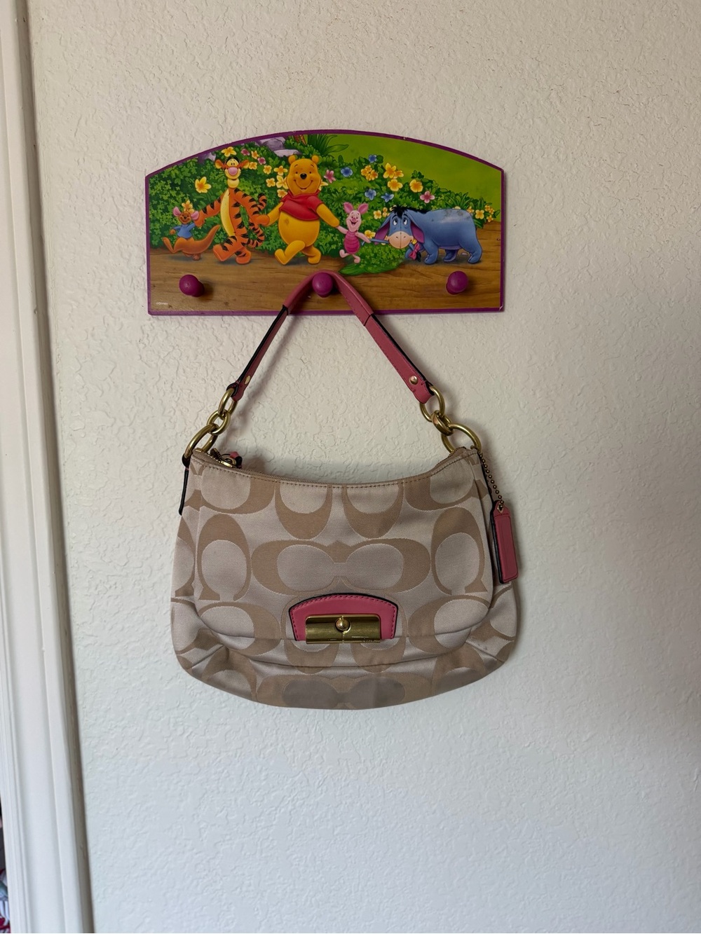 Coach Beige Signature Canvas Shoulder Bag with Pink Trim